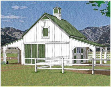 Chestnut 2-Stall Horse Barn and Run-In - This pole-barn combines a big front-to-back alley and a hay loft with two horse stalls that open on a covered grooming area. On the opposite side there's a shed-roof shelter for equipment or for a loafing shed. Click on the barn to see a floor plan with dimensions. Blueprints are available at BackroadHome.net 